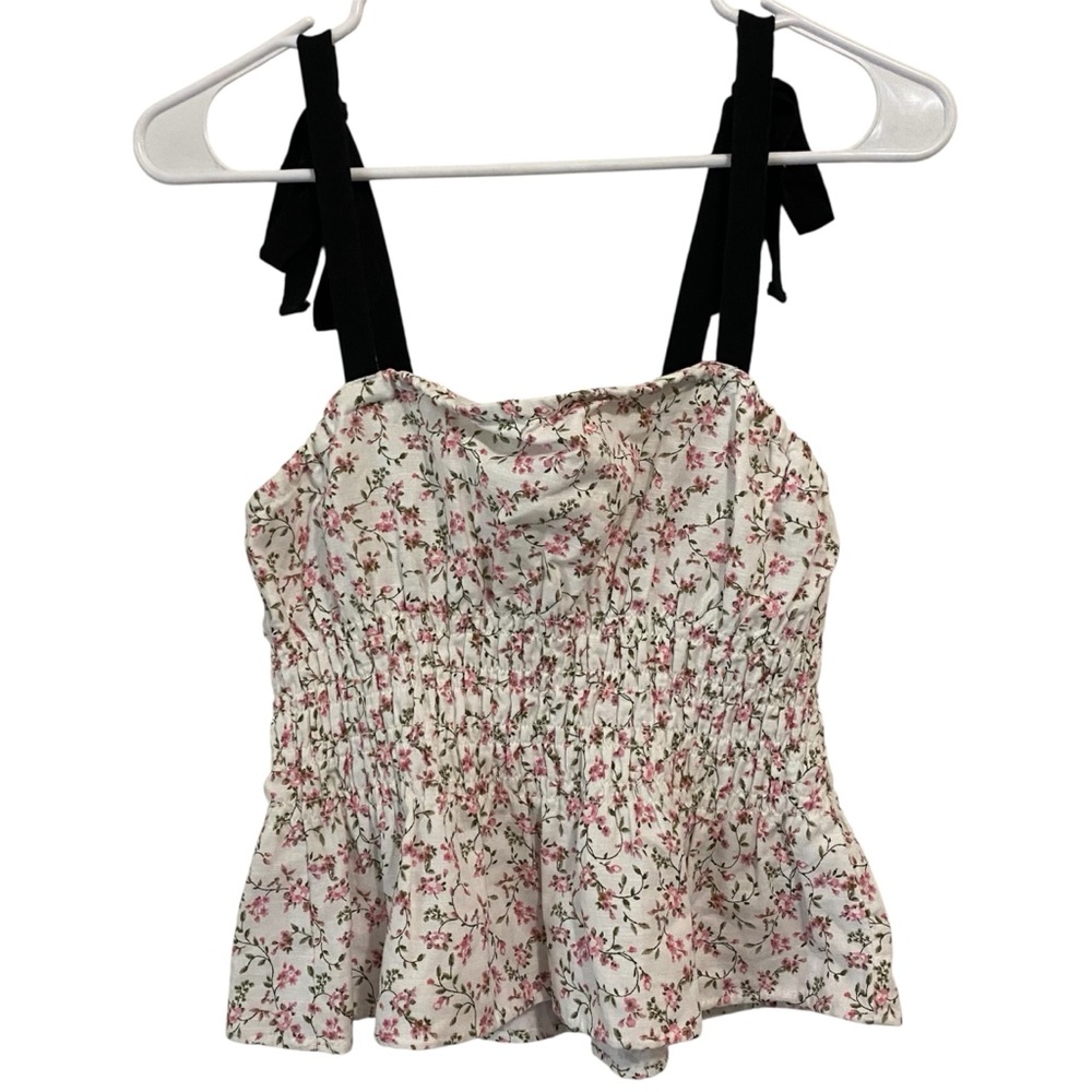 Chelsea & Violet Floral Tank Top XS Bow Straps Cotton Linen Coquette Cottage NEW